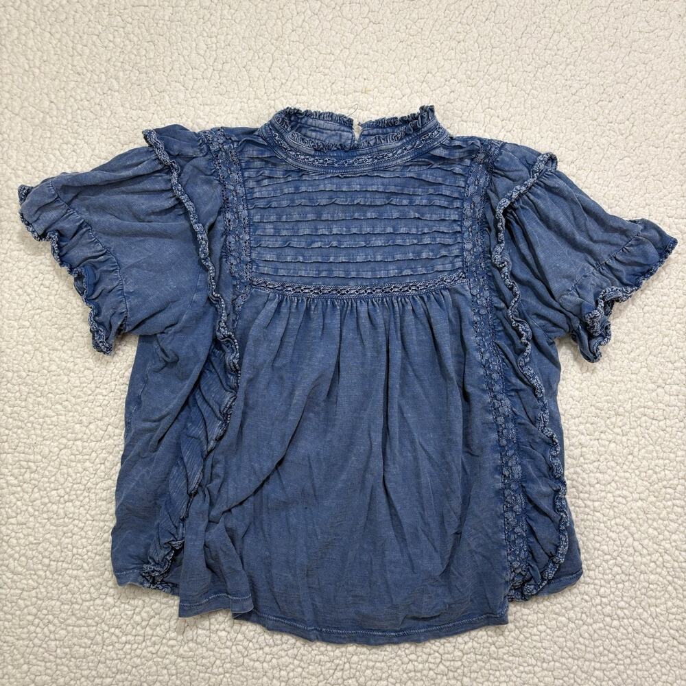 Free People Shirt Womens Small Blue Le Femme Top Boucle Ruffle Peasant Blouse